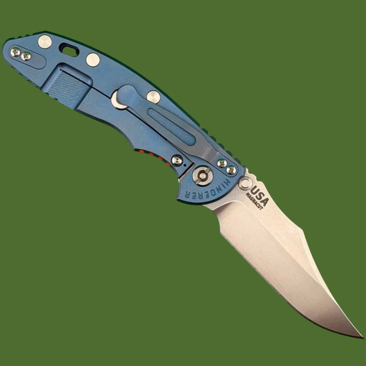 Hinderer XM-18 3.5” Bowie Non-Flipper Blue Titanium Orange G-10 Stonewash Magnacut