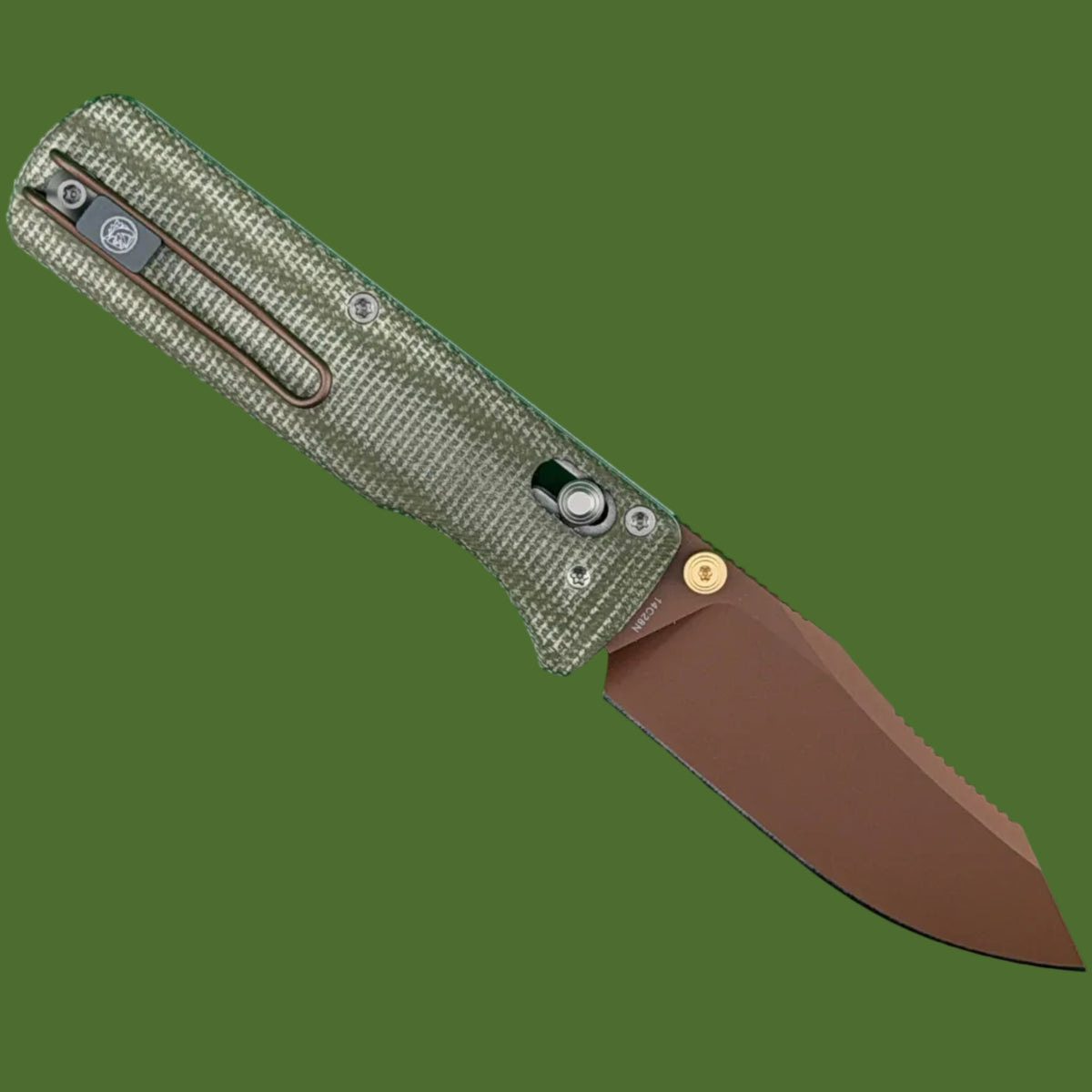 Vosteed Vombat Reverse Tanto Crossbar Lock (Green Micarta, Copper Dune Blade)