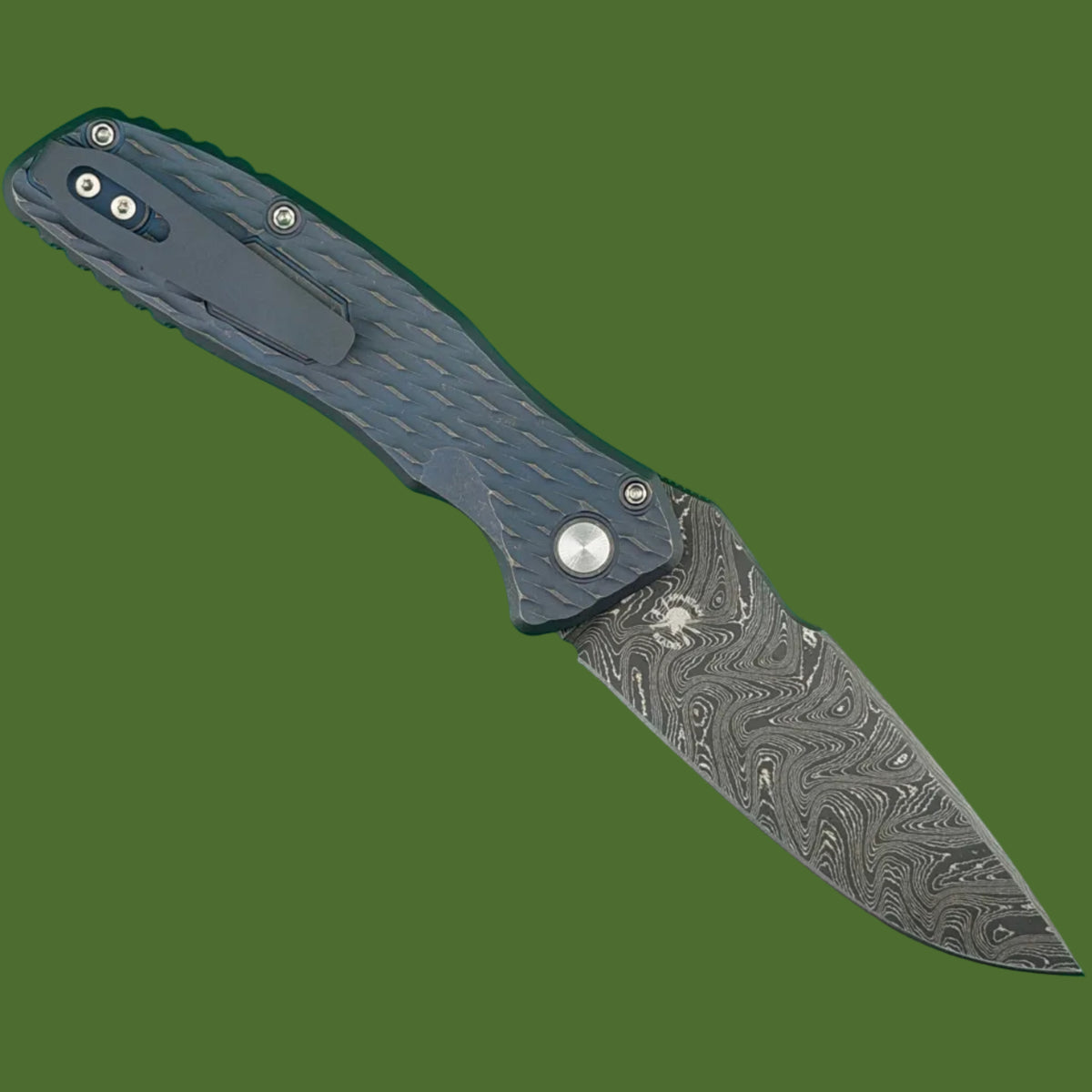 Protech 2026 Pallas Custom 005 Auto (Blue Lattice Texture Titanium Handle, Boomerang Damascus Blade)