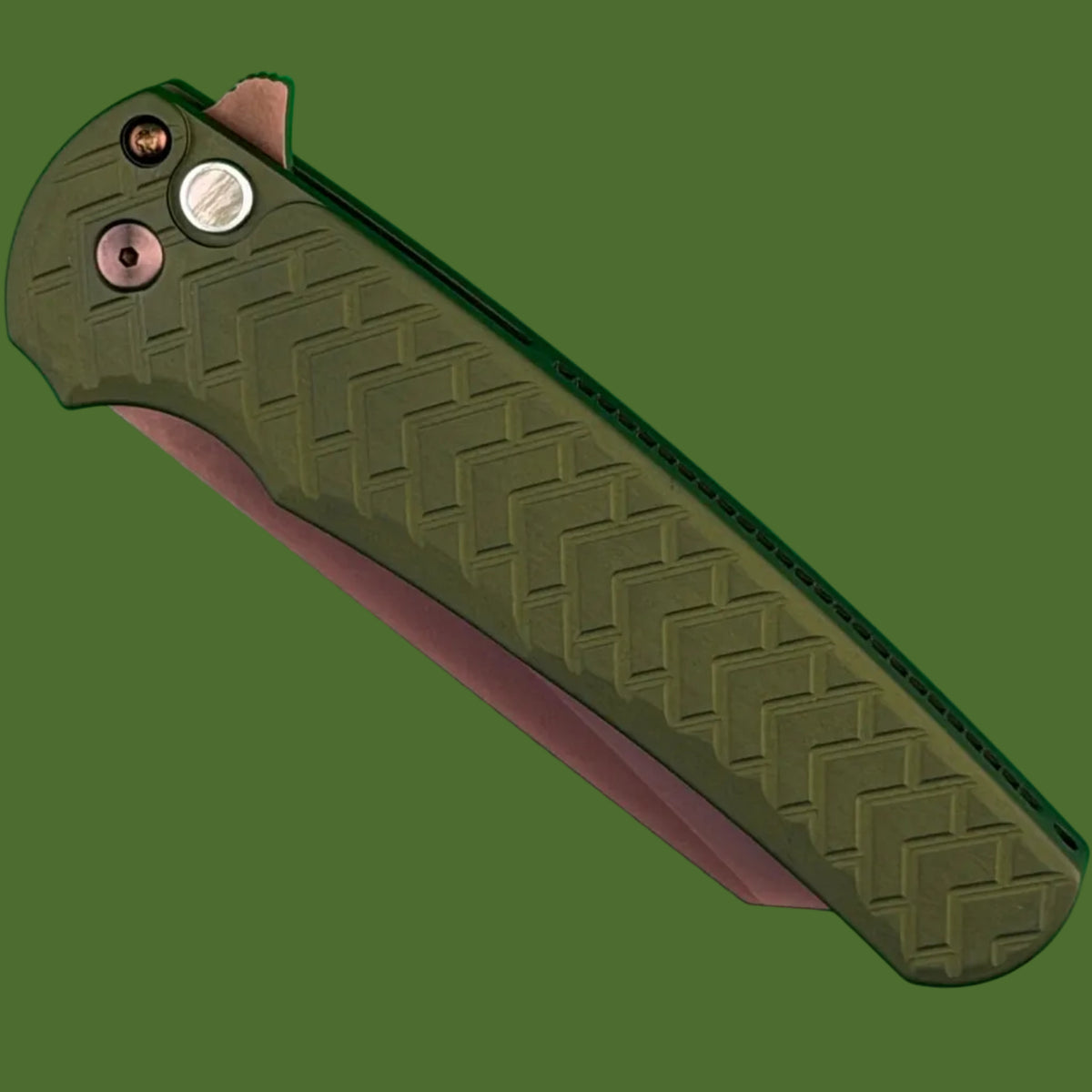 Protech Malibu Button Lock Blade Show West Limited Edition (Green Tread Aluminum, Copper Rose PVD Blade)