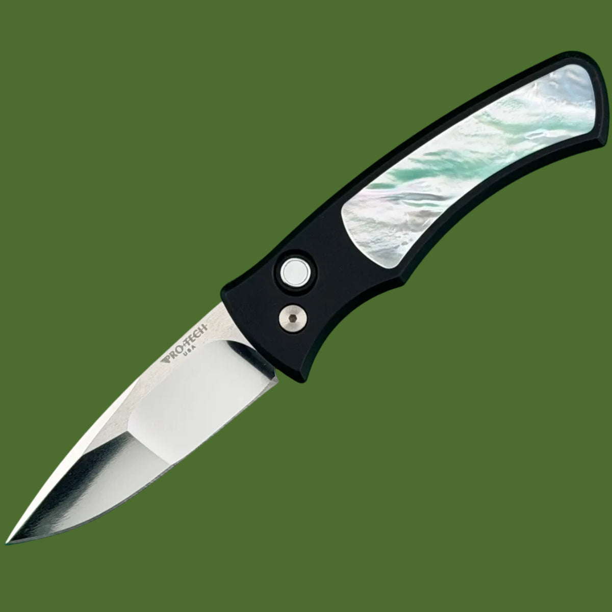 Protech Duke Auto Mike Irie Compound Mirror Polished Blade White Pearl Inlay Blue Titanium Clip
