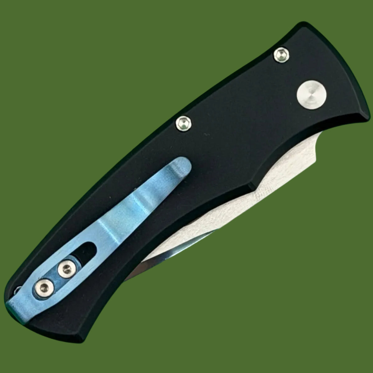 Protech Duke Auto Mike Irie Compound Mirror Polished Blade White Pearl Inlay Blue Titanium Clip