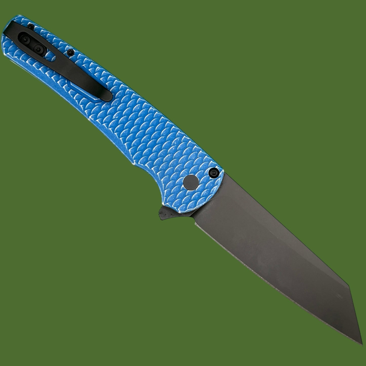 Protech Malibu Button Lock Reverse Tanto Battleworn Blue Dragon Scale 5436-BWBLUELTD