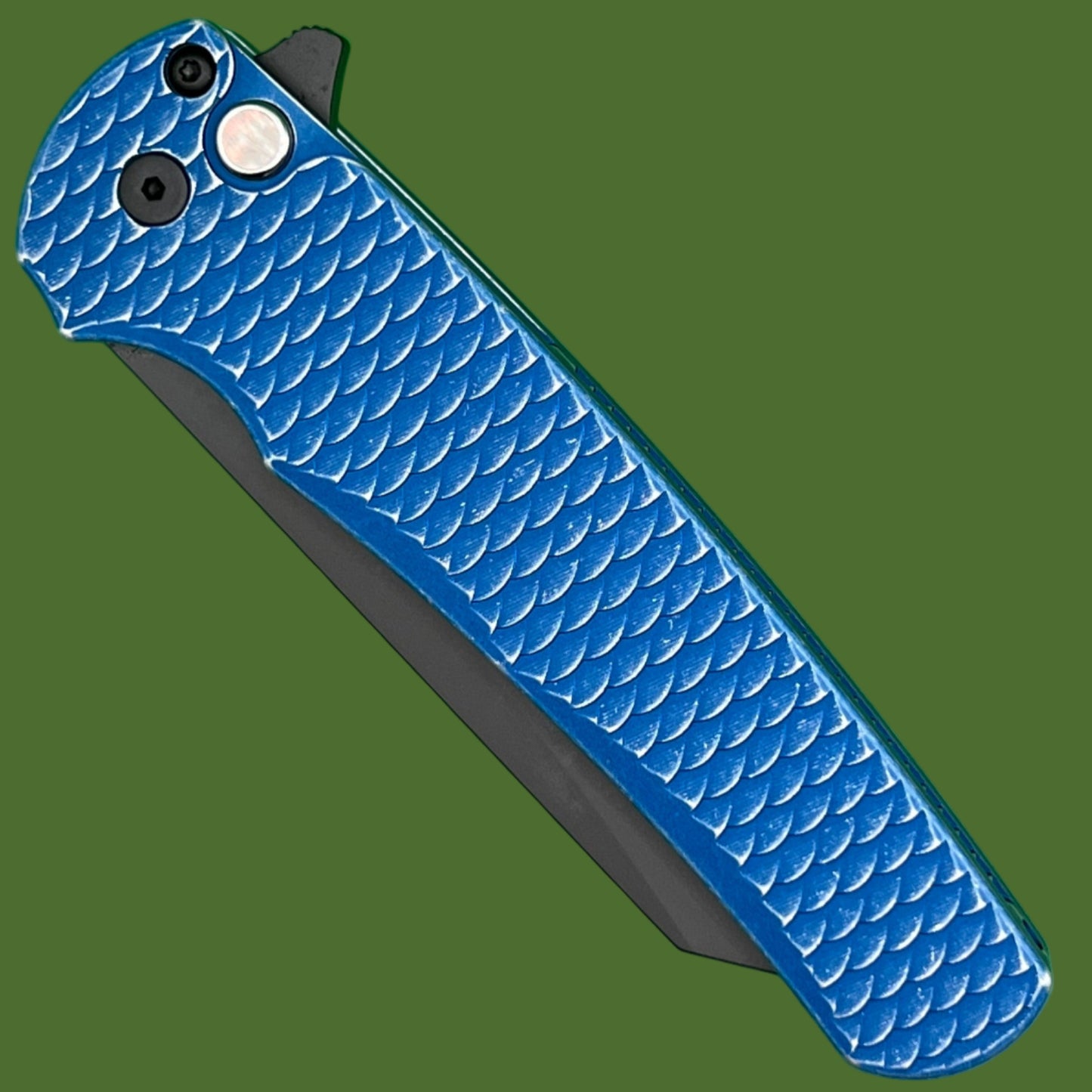 Protech Malibu Button Lock Reverse Tanto Battleworn Blue Dragon Scale 5436-BWBLUELTD