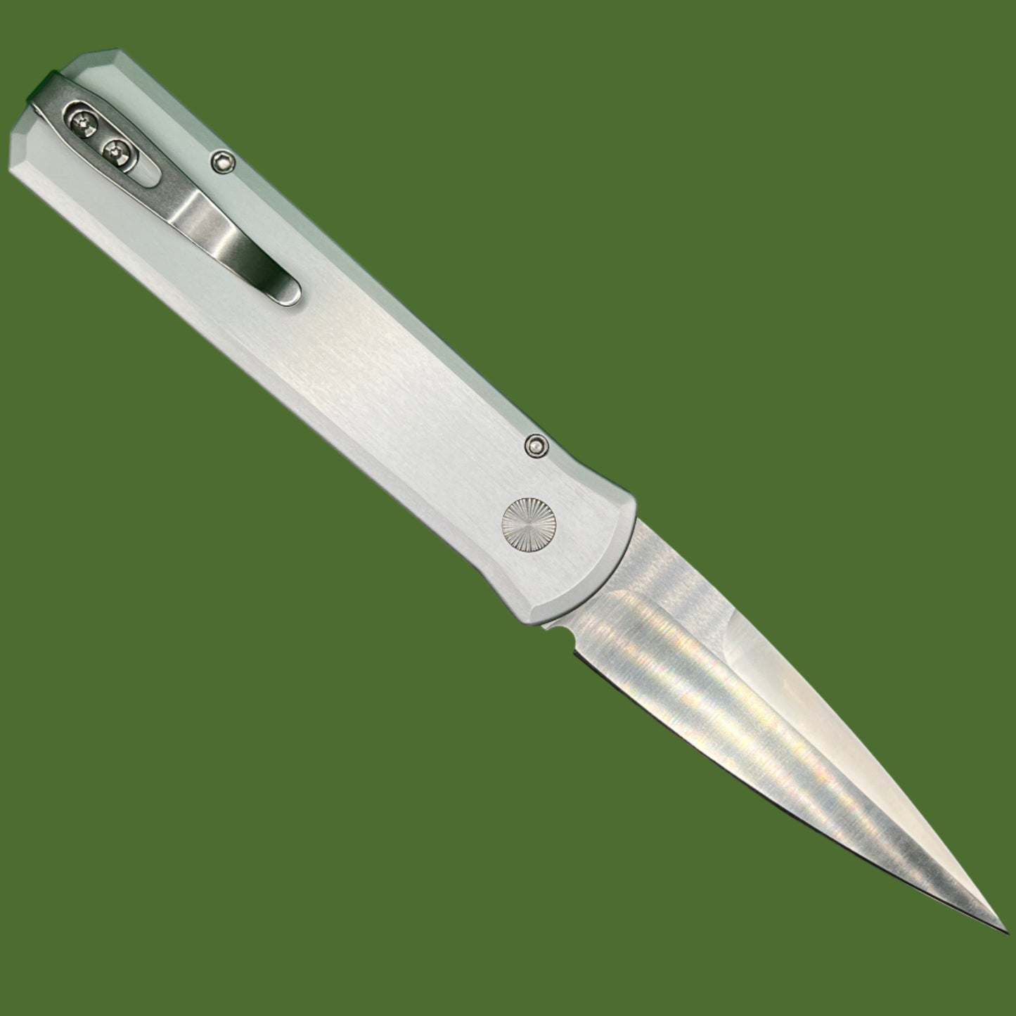 Protech Godson Auto 20CV (Silver Handle, Crosscut Carbon Fiber Inlay) 7210-SilverCrosscut20CV