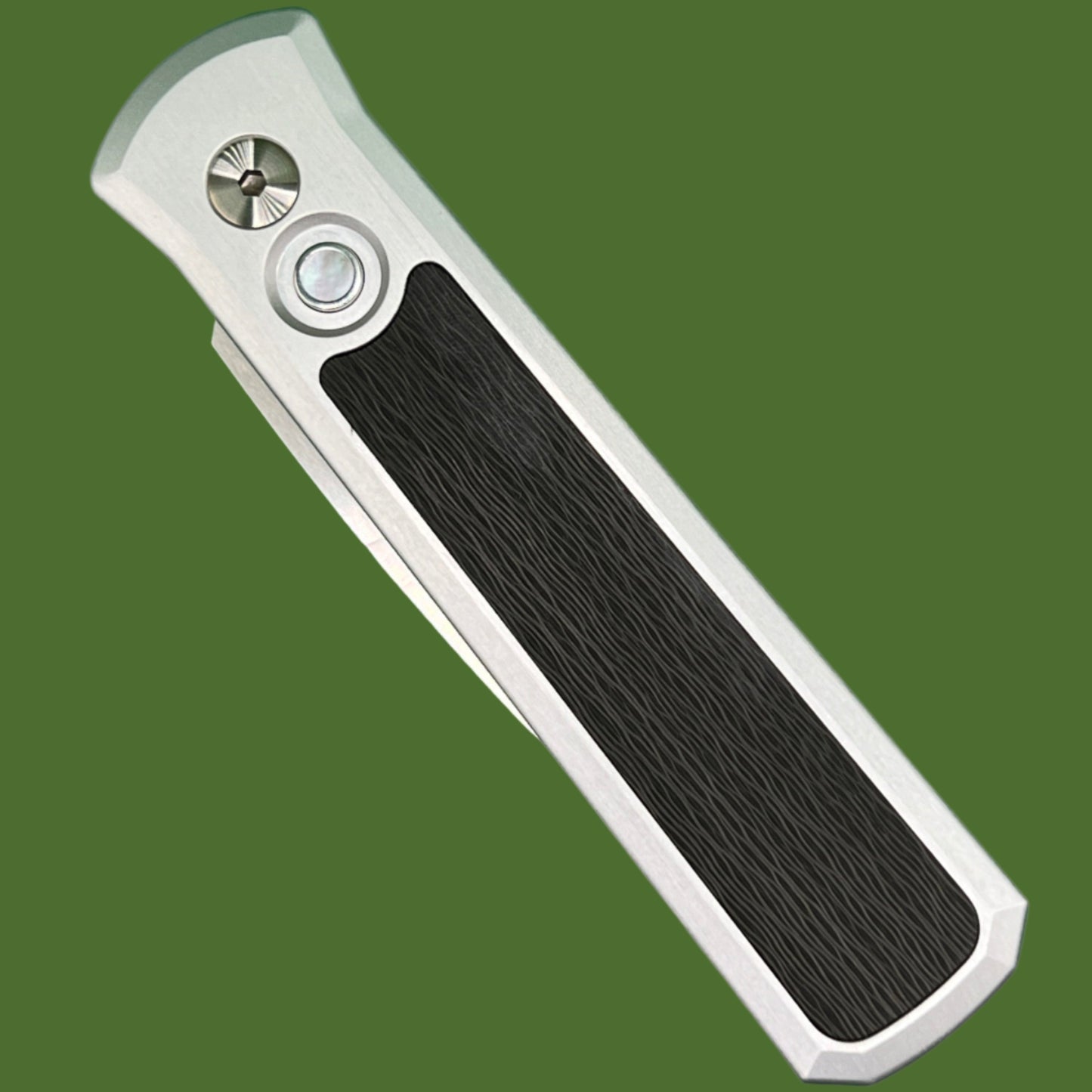 Protech Godson Auto 20CV (Silver Handle, Crosscut Carbon Fiber Inlay) 7210-SilverCrosscut20CV