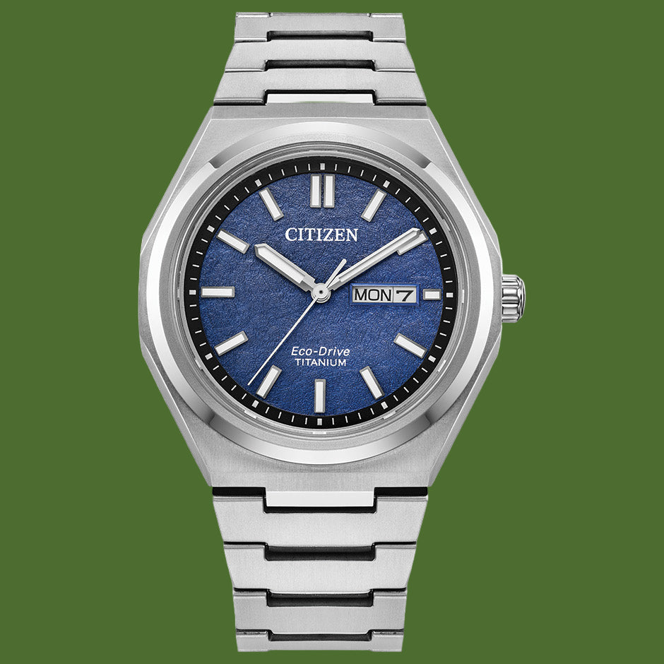 Citizen Zenshin Three Hand Super Titanium Eco-Drive Blue Dial AW0130-85L