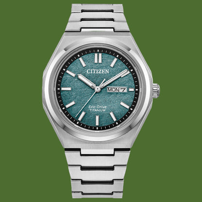 Citizen Zenshin Three Hand Super Titanium Eco-Drive Green Dial AW0130-85X