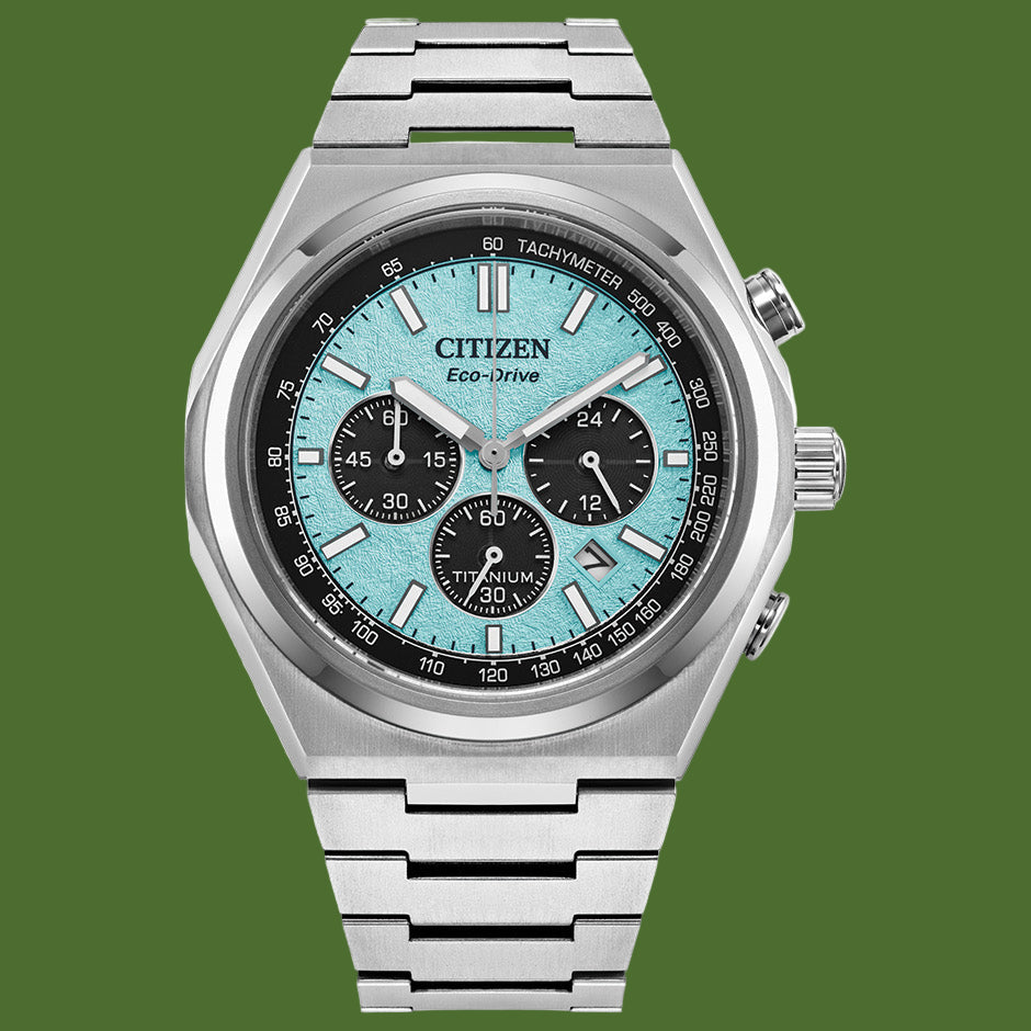 Citizen Zenshin Chronograph Eco-Drive Super Titanium Turquoise Dial CA4610-85M