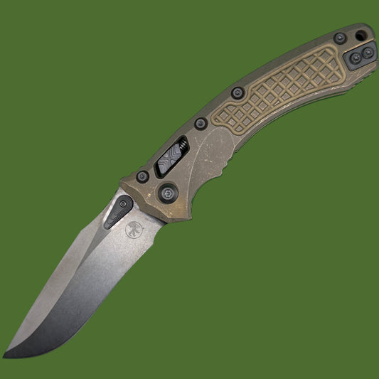 Microtech Amphibian Marfione Select DLC Stonewash Finish Antique Bronze Anodized Frag Pattern Titanium