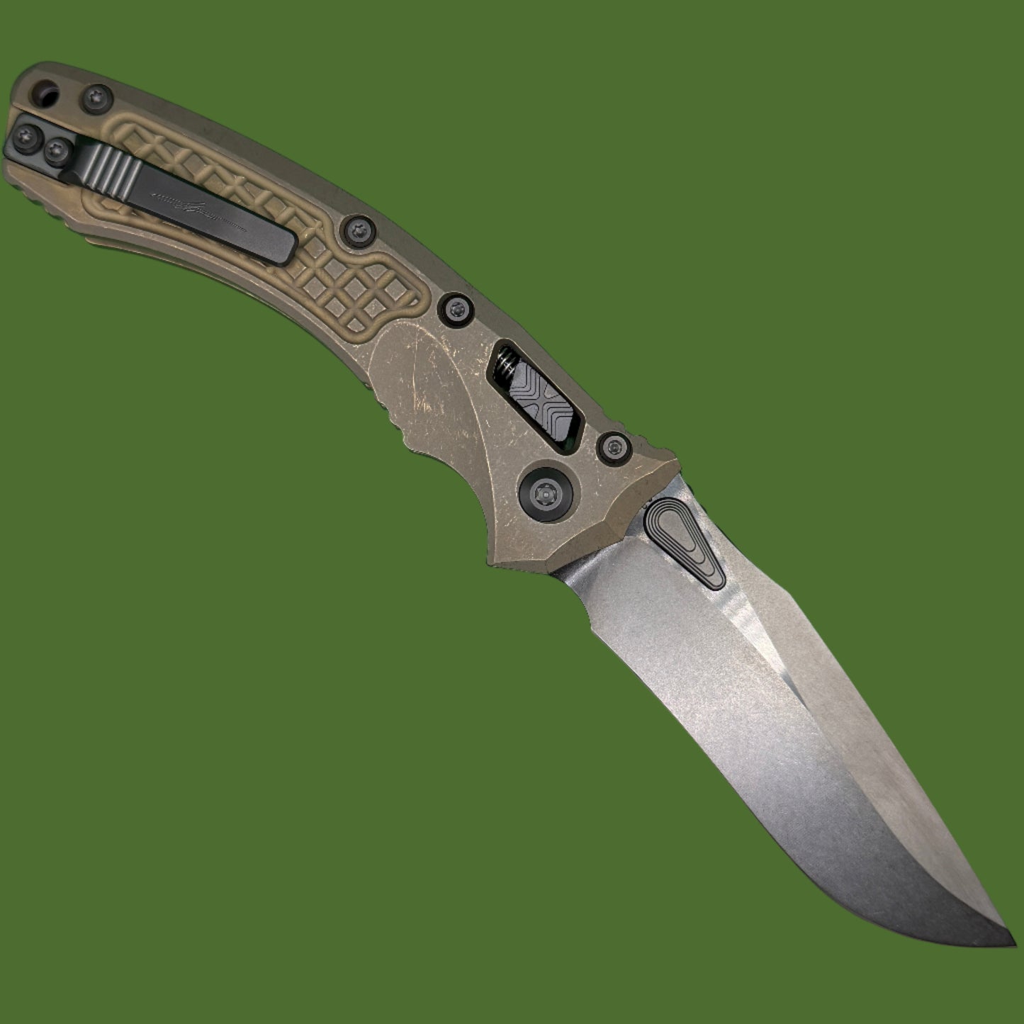 Microtech Amphibian Marfione Select DLC Stonewash Finish Antique Bronze Anodized Frag Pattern Titanium