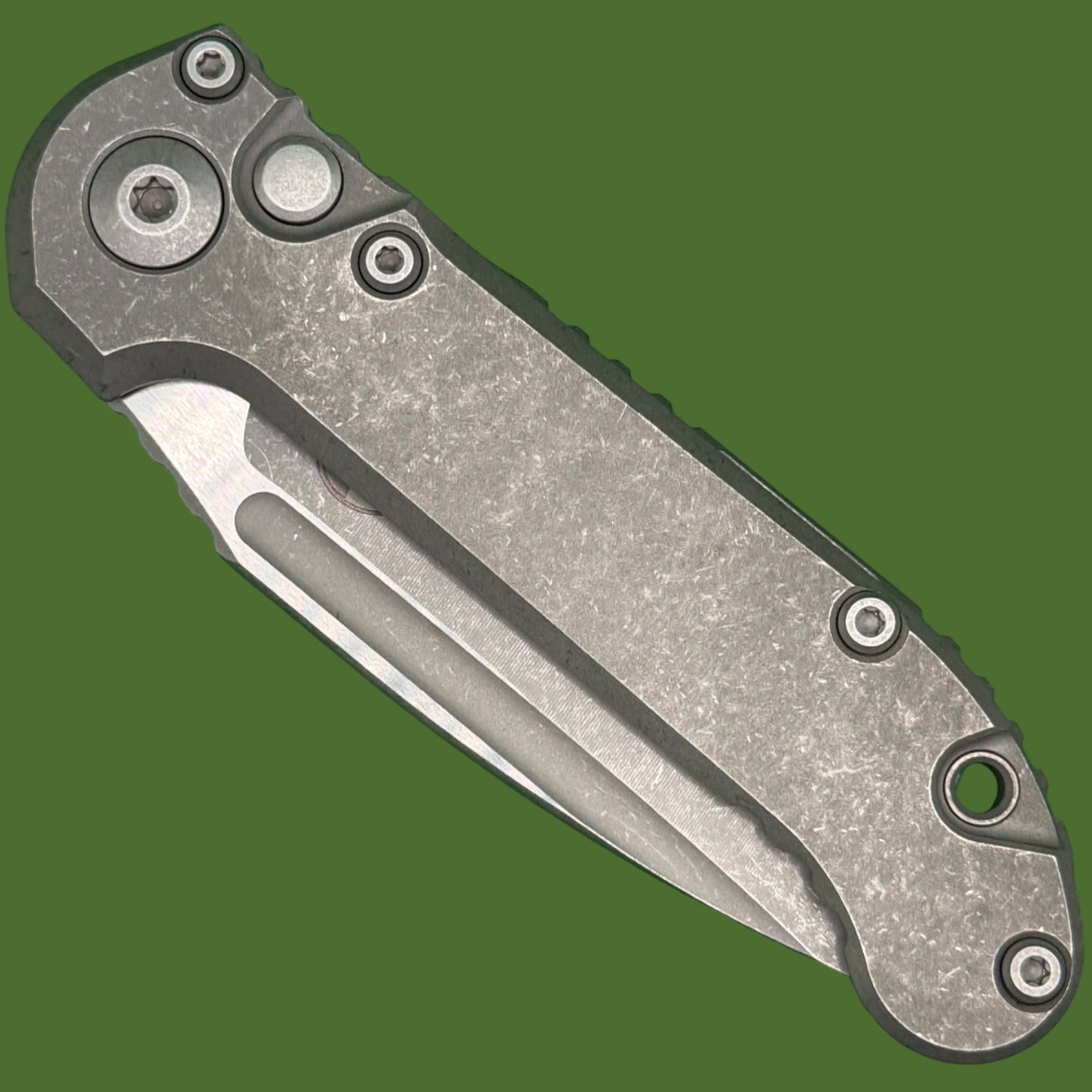 Microtech LUDT Clip Point Marfione Select Apocalyptic Finish Slab Side Titanium