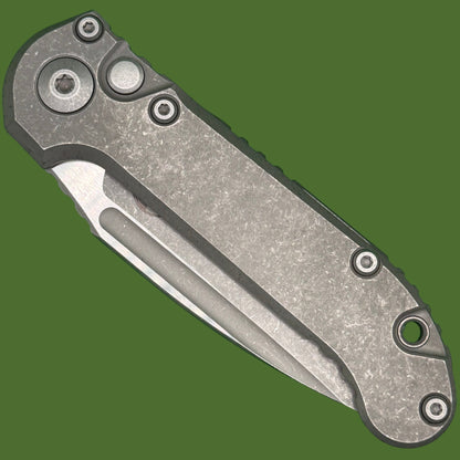 Microtech LUDT Clip Point Marfione Select Apocalyptic Finish Slab Side Titanium