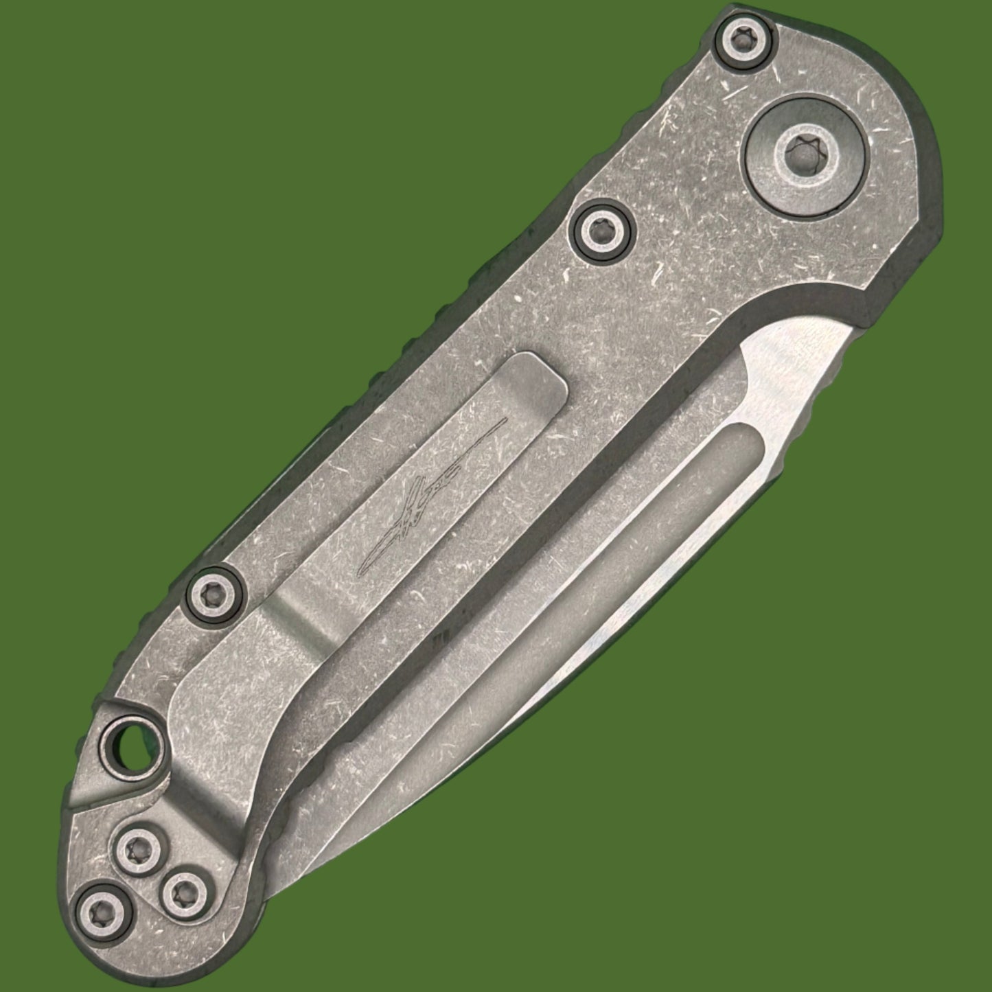 Microtech LUDT Clip Point Marfione Select Apocalyptic Finish Slab Side Titanium