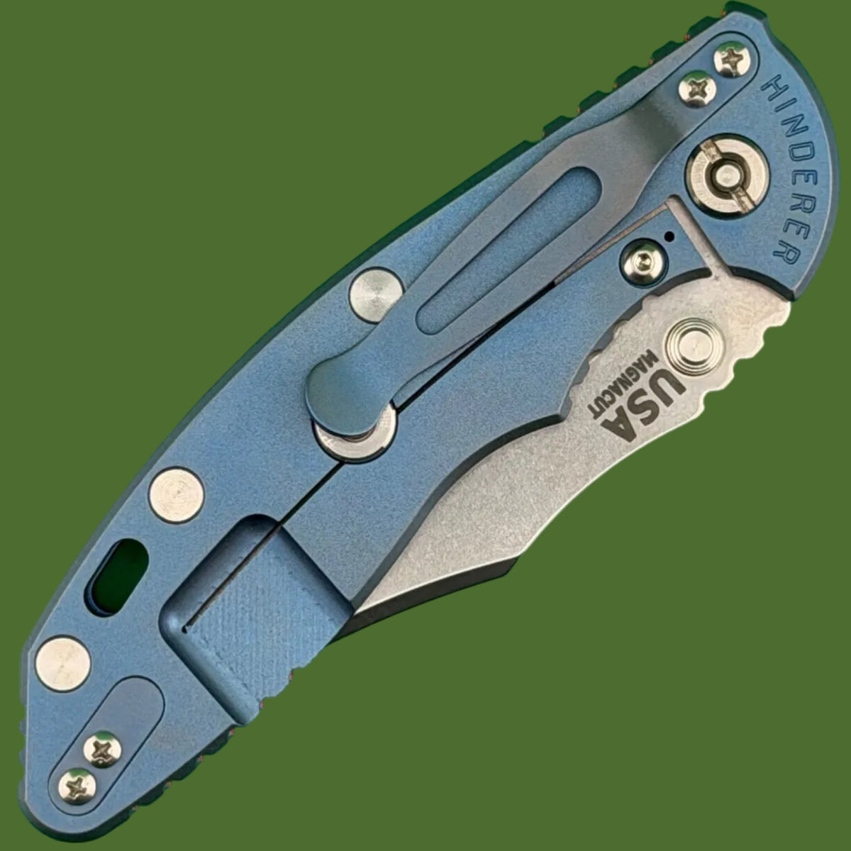 Hinderer XM-18 3.5” Bowie Non-Flipper Blue Titanium Orange G-10 Stonewash Magnacut