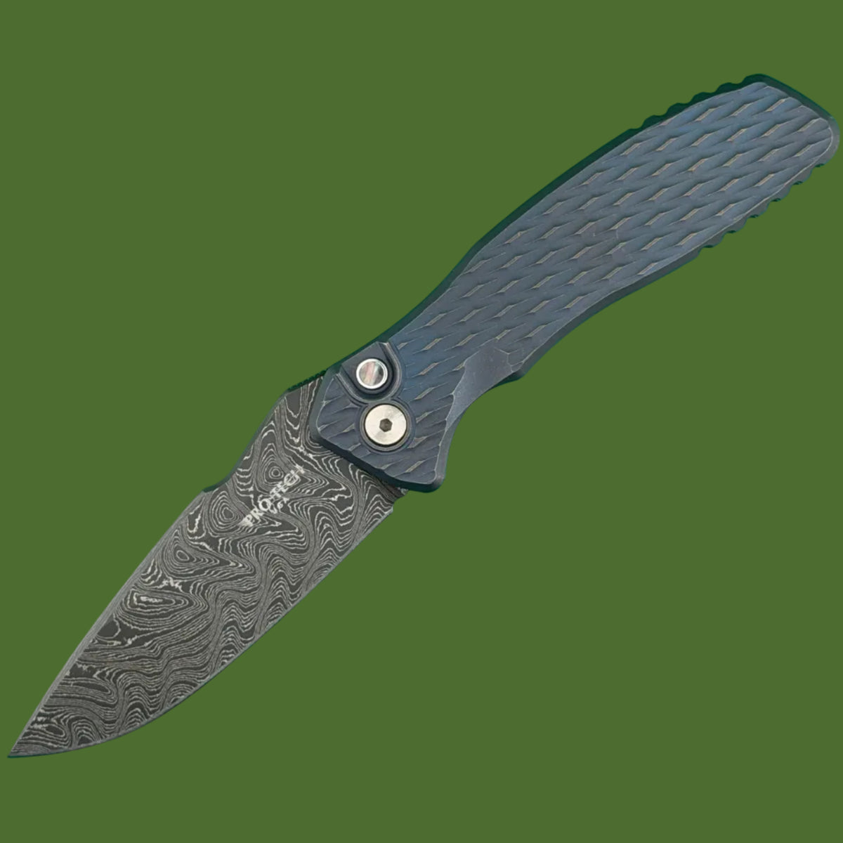 Protech 2026 Pallas Custom 005 Auto (Blue Lattice Texture Titanium Handle, Boomerang Damascus Blade)