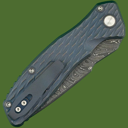Protech 2026 Pallas Custom 005 Auto (Blue Lattice Texture Titanium Handle, Boomerang Damascus Blade)