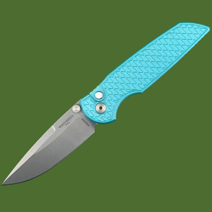 Protech TR-3 Integrity Button Lock Blade Show West Limited Edition (Tiffany Blue Relic Texture Handle, Stonewash Blade)