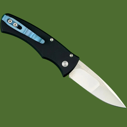 Protech Duke Auto Mike Irie Compound Mirror Polished Blade White Pearl Inlay Blue Titanium Clip