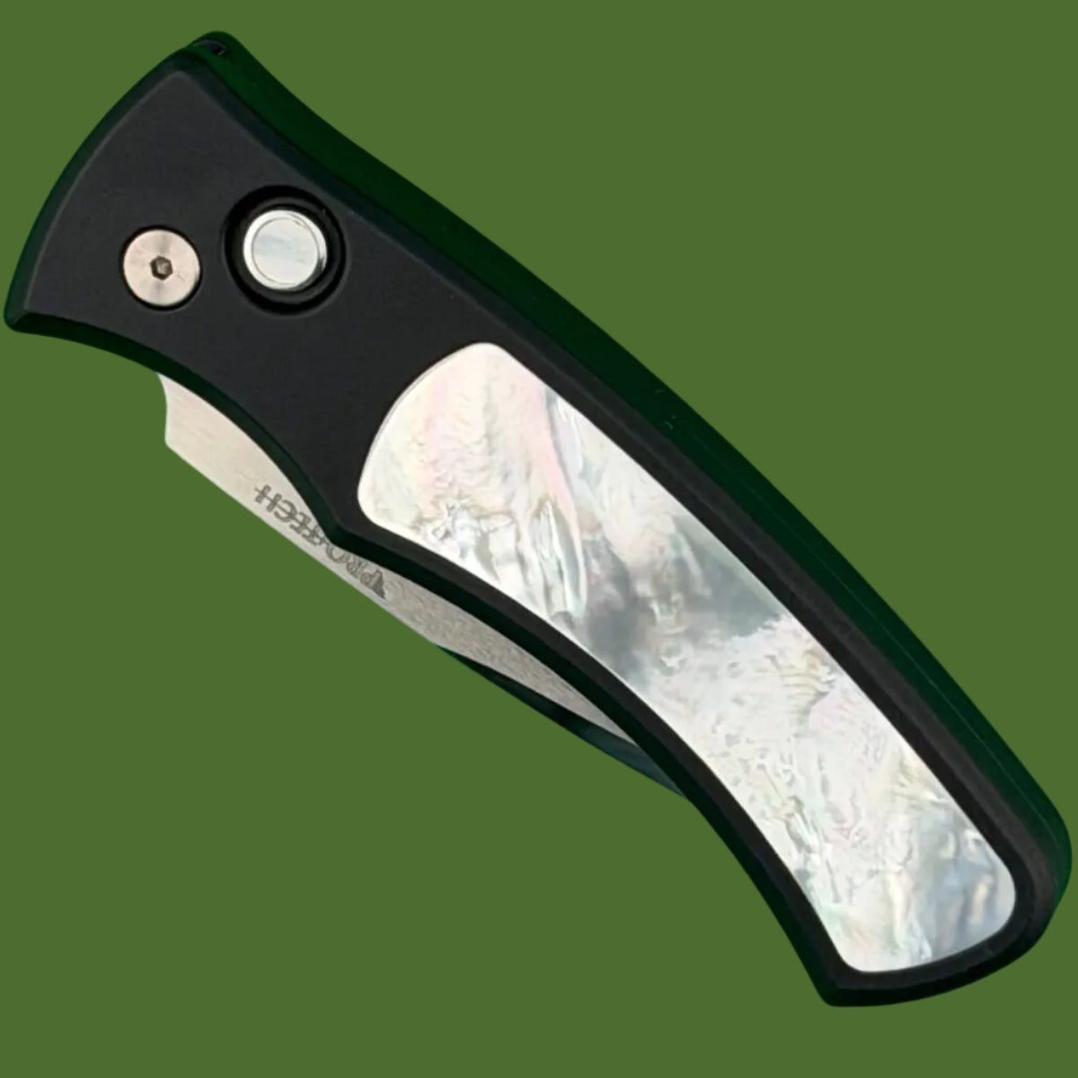 Protech Duke Auto Mike Irie Compound Mirror Polished Blade White Pearl Inlay Blue Titanium Clip