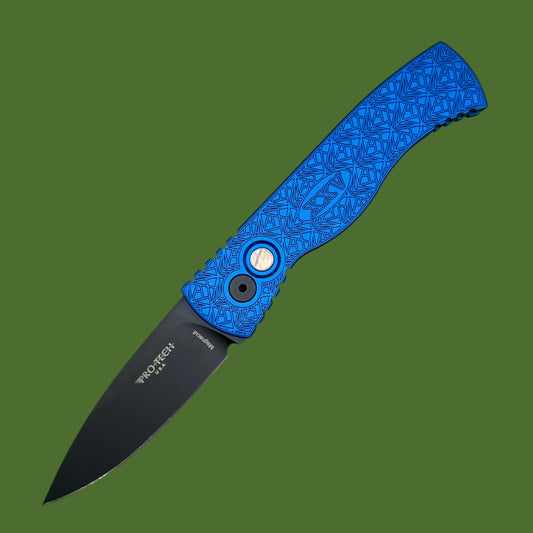 Protech TR-2 Auto 25th Anniversary Nexus Pattern (Blue Handle, Black Blade) Black Lip Pearl Button