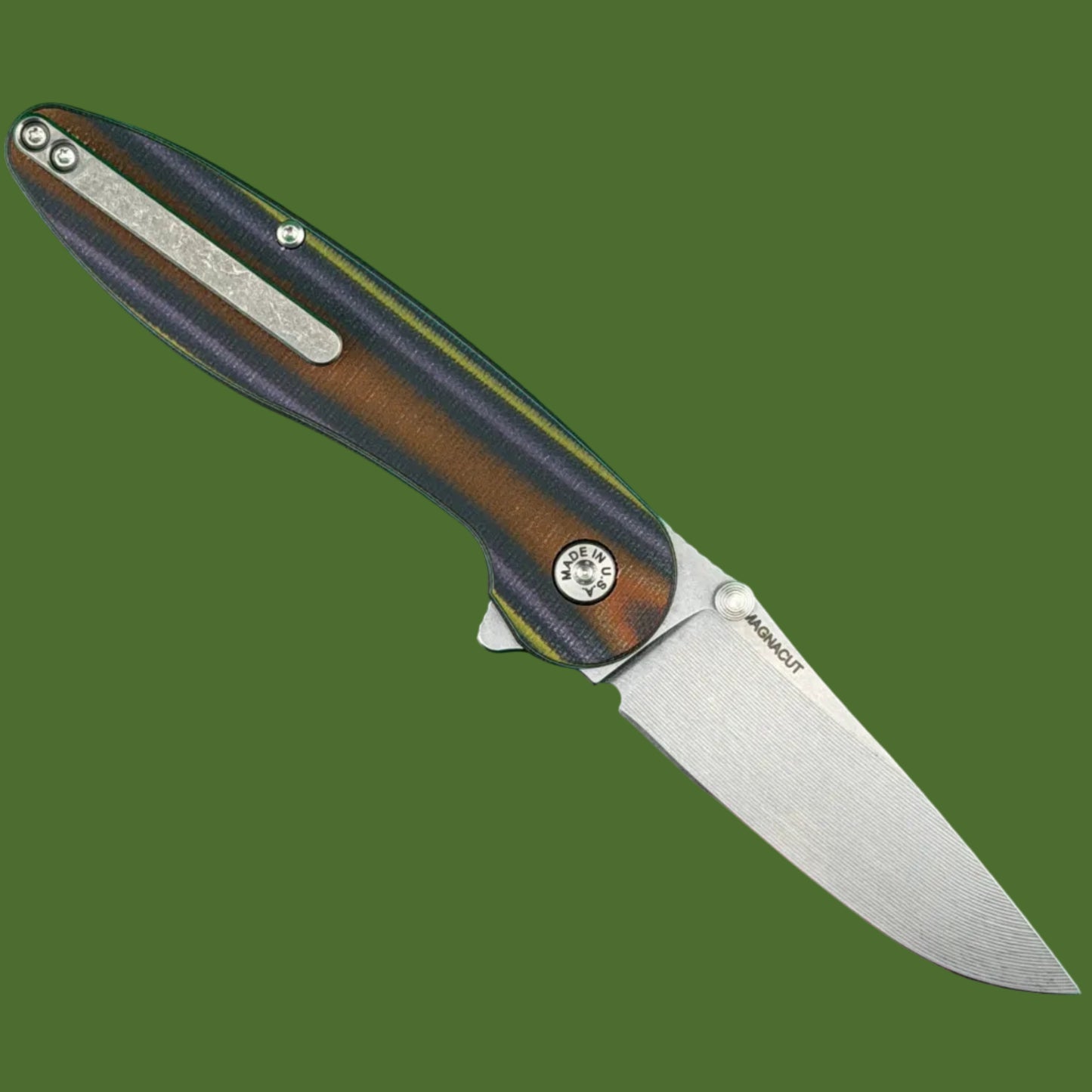 American Blade Works Model 1 Flipper+Thumb Stud (Purple/Yellow/Orange G-10)
