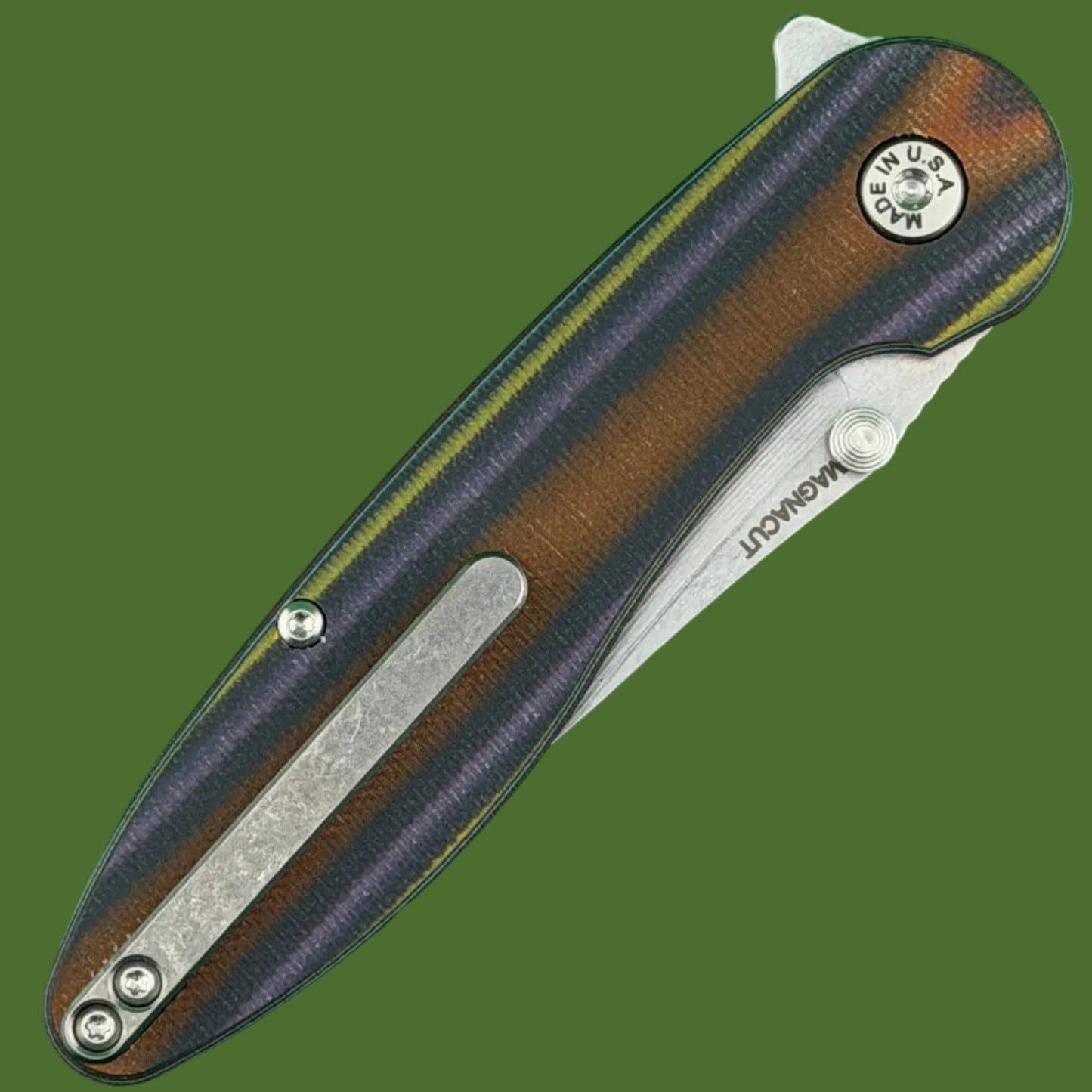 American Blade Works Model 1 Flipper+Thumb Stud (Purple/Yellow/Orange G-10)
