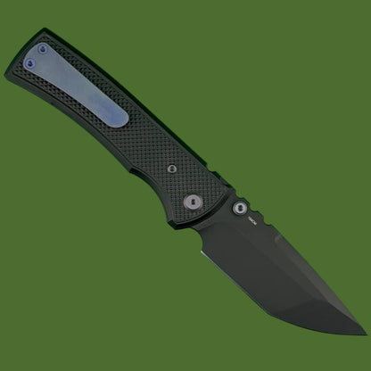 Chaves Blue Label Redencion 229 Liner Lock Black Knurled Aluminum Handles Purple Hardware (Black Tanto)