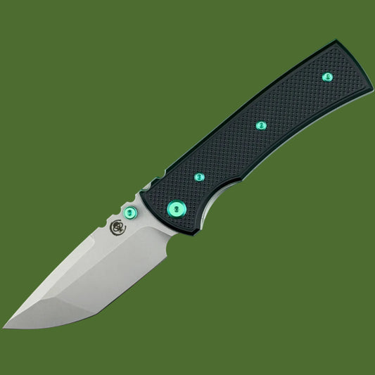 Chaves Blue Label Redencion 229 Liner Lock Black Knurled Aluminum Handles Green Hardware (Stonewash Tanto)
