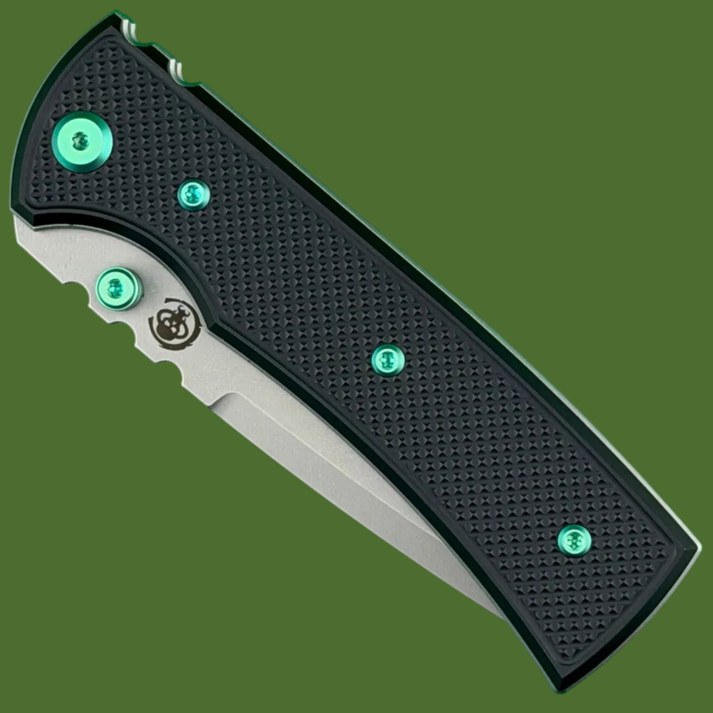 Chaves Blue Label Redencion 229 Liner Lock Black Knurled Aluminum Handles Green Hardware (Stonewash Tanto)