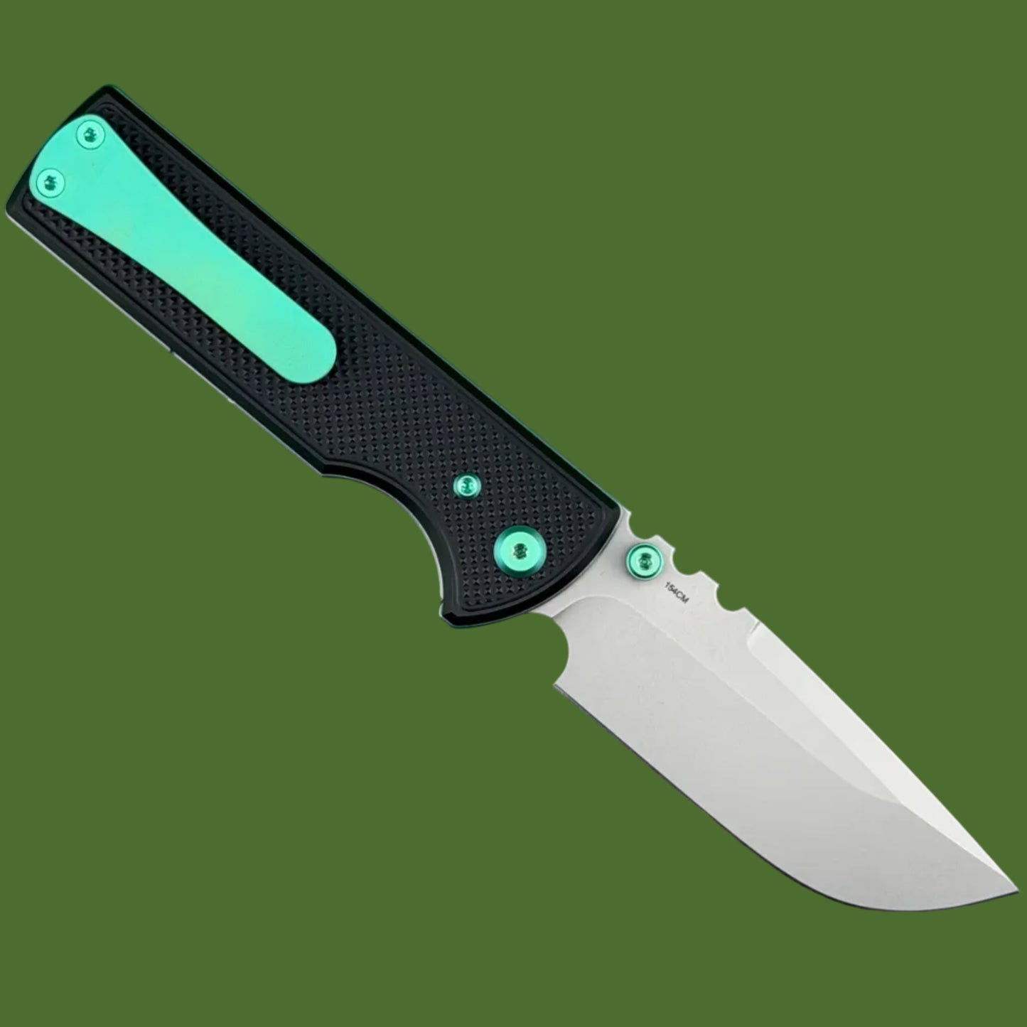 Chaves Blue Label NTAK Liner Lock Black Knurled Aluminum Handles Green Hardware (Stonewash Drop Point)