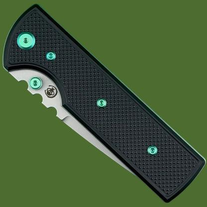 Chaves Blue Label NTAK Liner Lock Black Knurled Aluminum Handles Green Hardware (Stonewash Drop Point)