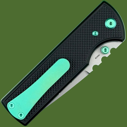 Chaves Blue Label NTAK Liner Lock Black Knurled Aluminum Handles Green Hardware (Stonewash Drop Point)