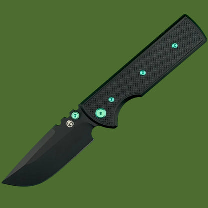 Chaves Blue Label NTAK Liner Lock Black Knurled Aluminum Handles Green Hardware (Black Drop Point)