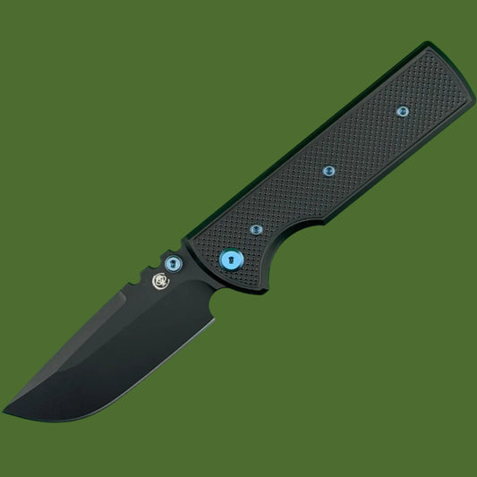 Chaves Blue Label NTAK Liner Lock Black Knurled Aluminum Handles Blue Hardware (Black Drop Point)