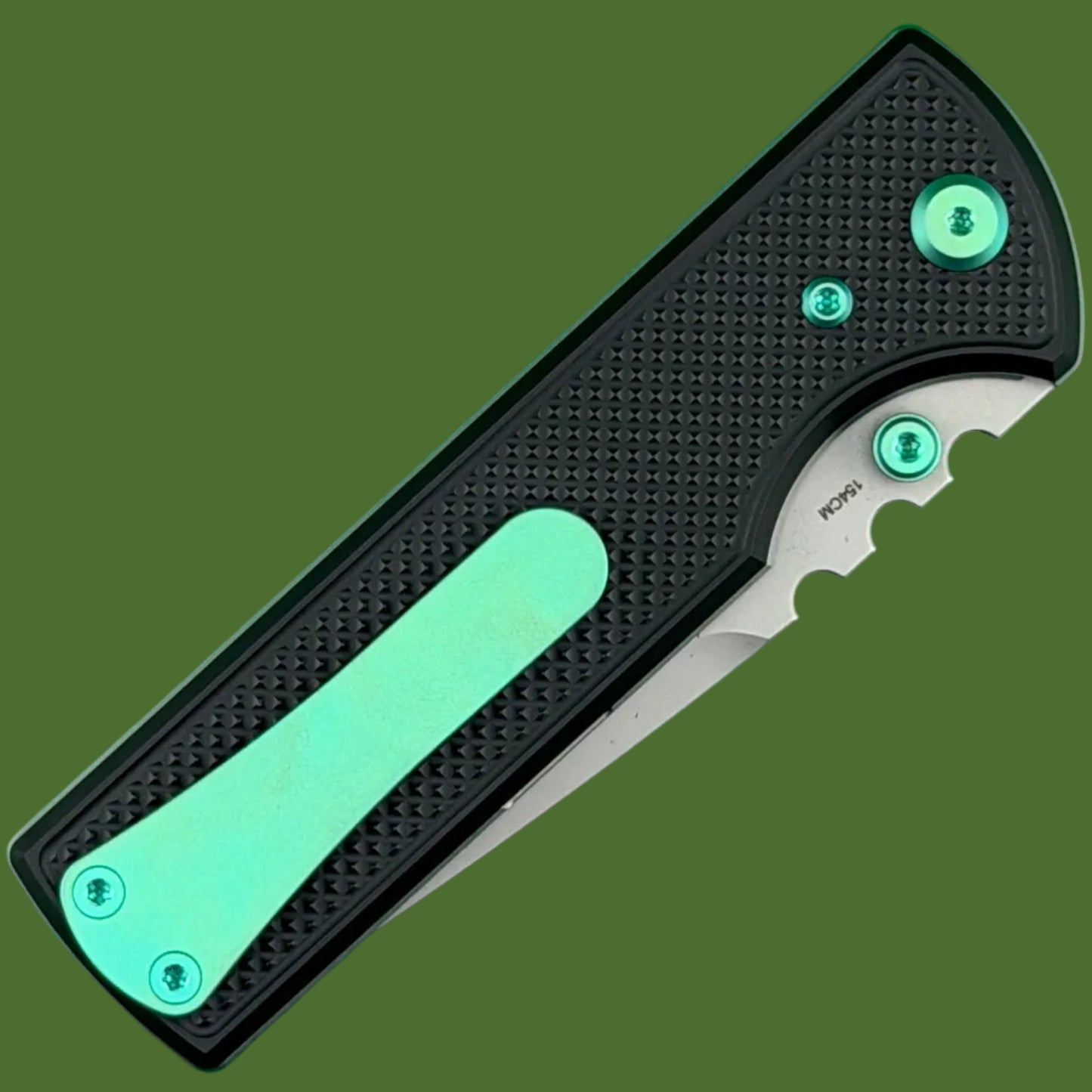 Chaves Blue Label NTAK Liner Lock Black Knurled Aluminum Handles Green Hardware (Stonewash Tanto)