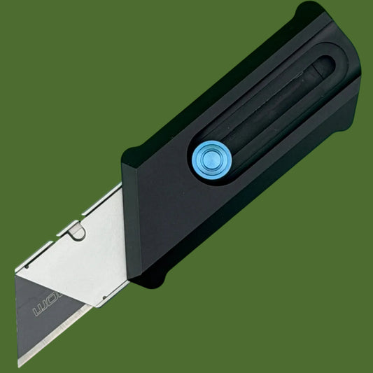 Chaves Blue Label CHUB Slipper Utility Knife Black Aluminum Stonewash Blade Carrier Blue Hardware