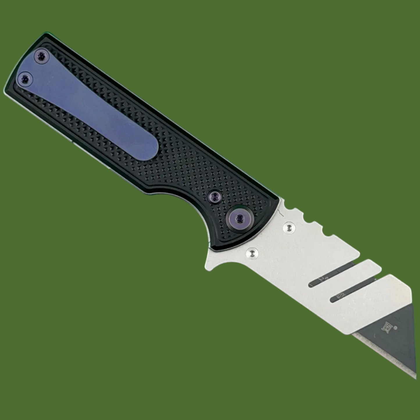 Chaves Blue Label CHUB Flipper Utility Knife Black Knurled Aluminum Stonewash Blade Carrier Purple Hardware