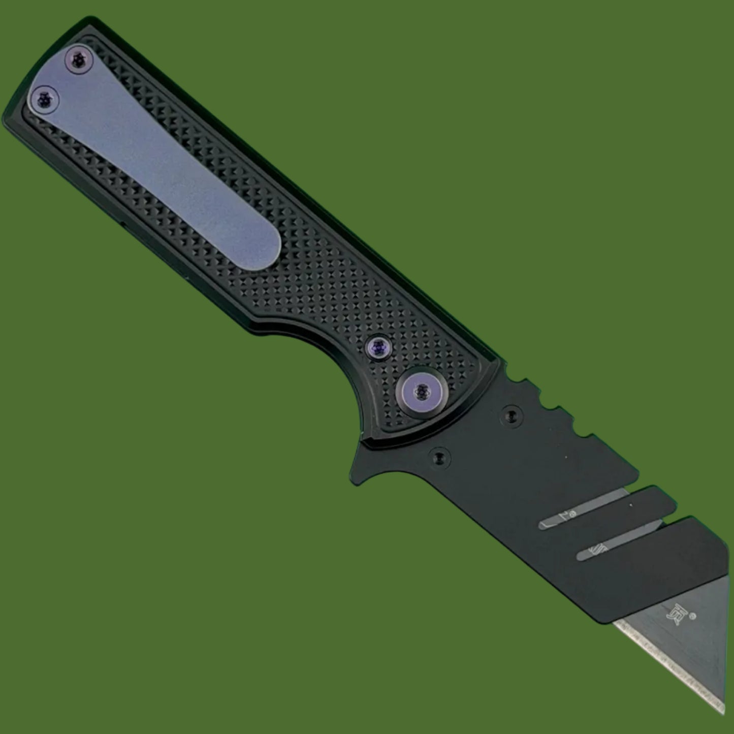 Chaves Blue Label CHUB Flipper Utility Knife Black Knurled Aluminum PVD Blade Carrier Purple Hardware