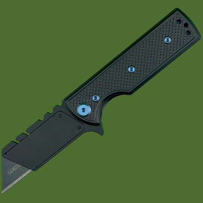 Chaves Blue Label CHUB Flipper Utility Knife Black Knurled Aluminum PVD Blade Carrier Blue Hardware