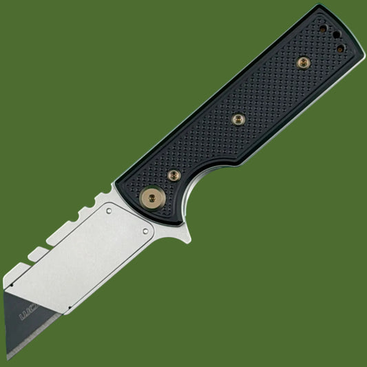 Chaves Blue Label CHUB Flipper Utility Knife Black Knurled Aluminum Stonewash Blade Carrier Bronze Hardware