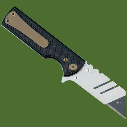Chaves Blue Label CHUB Flipper Utility Knife Black Knurled Aluminum Stonewash Blade Carrier Bronze Hardware