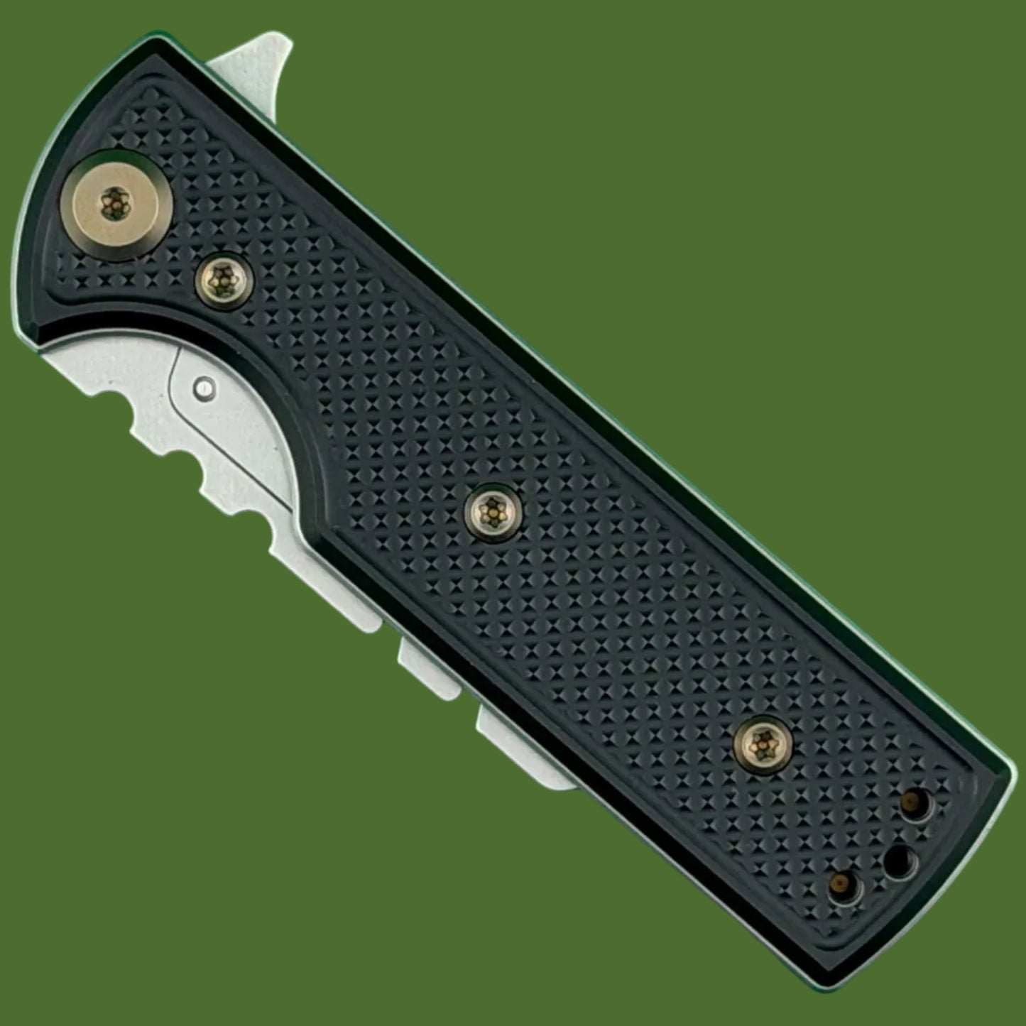 Chaves Blue Label CHUB Flipper Utility Knife Black Knurled Aluminum Stonewash Blade Carrier Bronze Hardware