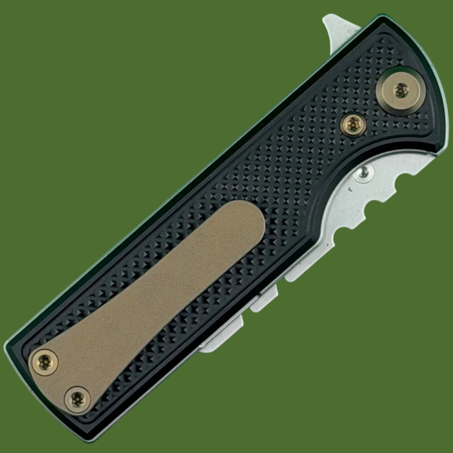 Chaves Blue Label CHUB Flipper Utility Knife Black Knurled Aluminum Stonewash Blade Carrier Bronze Hardware