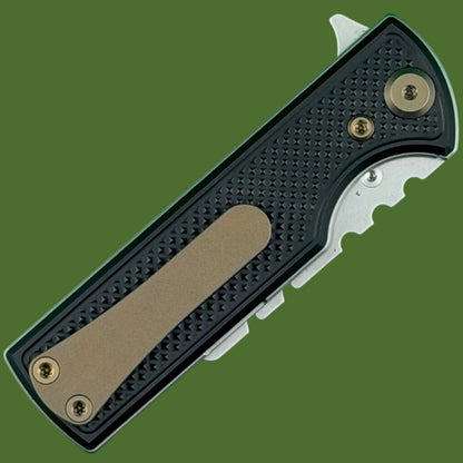 Chaves Blue Label CHUB Flipper Utility Knife Black Knurled Aluminum Stonewash Blade Carrier Bronze Hardware