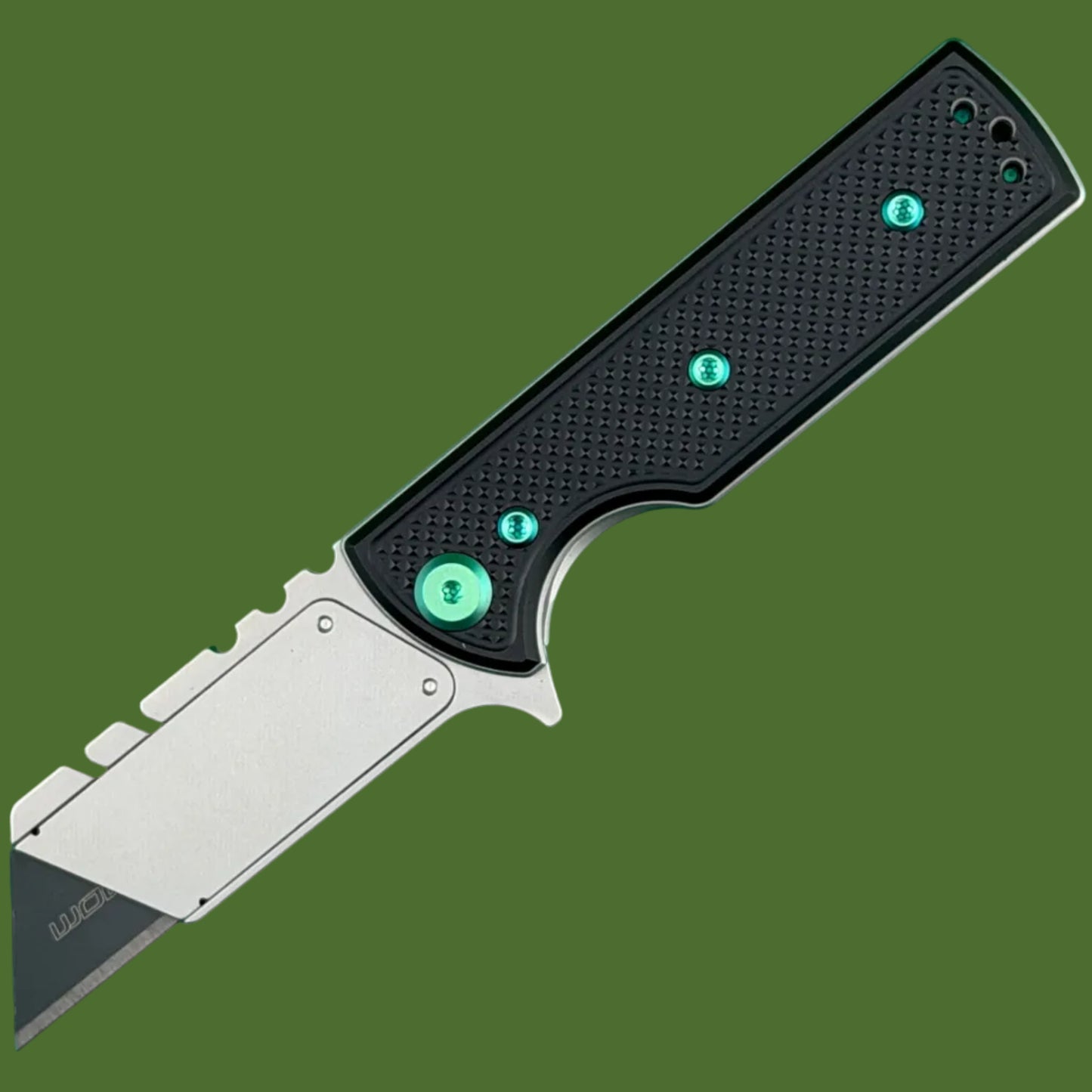 Chaves Blue Label CHUB Flipper Utility Knife Black Knurled Aluminum Stonewash Blade Carrier Green Hardware