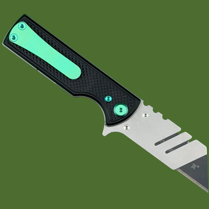 Chaves Blue Label CHUB Flipper Utility Knife Black Knurled Aluminum Stonewash Blade Carrier Green Hardware