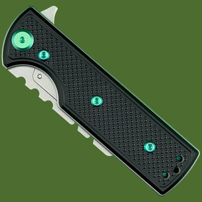 Chaves Blue Label CHUB Flipper Utility Knife Black Knurled Aluminum Stonewash Blade Carrier Green Hardware