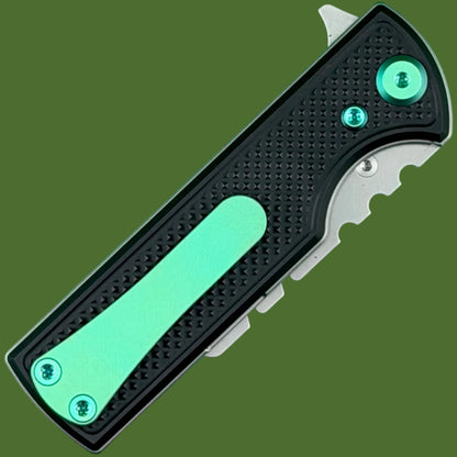 Chaves Blue Label CHUB Flipper Utility Knife Black Knurled Aluminum Stonewash Blade Carrier Green Hardware