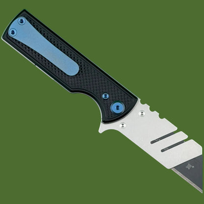 Chaves Blue Label CHUB Flipper Utility Knife Black Knurled Aluminum Stonewash Blade Carrier Blue Hardware